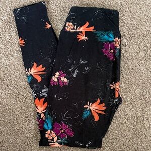 LuLaRoe Black Leggings with Orange & Purple Floral Print